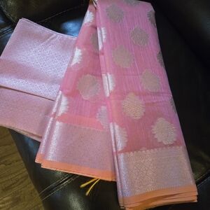 Beautiful Peach Pink Soft Benarasi Chanderi Sari With Silver Zari Butta & Border